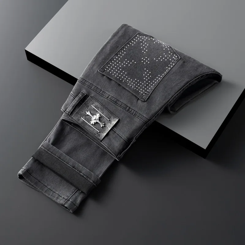 2024 New High-End Printed Jeans Men's Casual Street Trend Fashion Stretch Slim-Fitting Small Straight Pants
