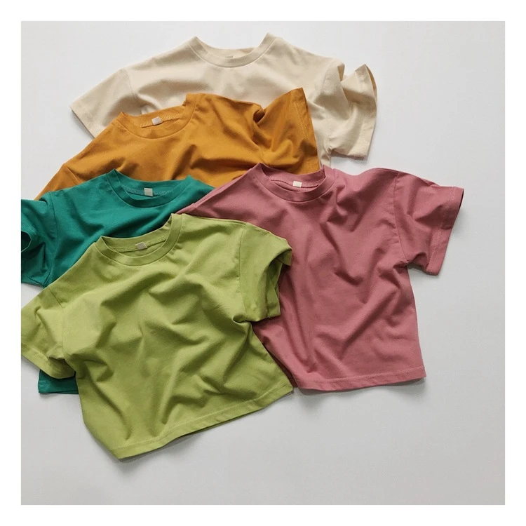 

2025 Summer New Korean Version Children's Pure Cotton Short Sleeved T-shirt Boys Girls Candy Colored Loose Shoulder Sleeve