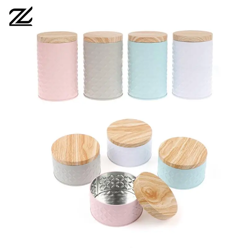 7.2cm/10cm Round Empty Iron Box With Wood Grain Lid Candy Storage Box Diy Candle Making Jar