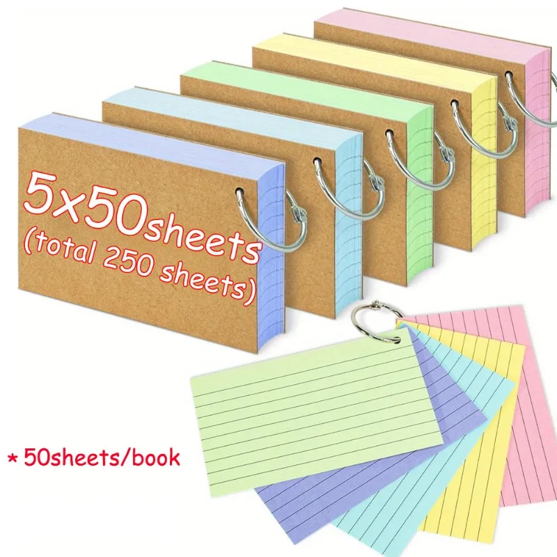 250/50 Sheets Thick Colorful Index Card with Loop Double Sided To Do List Lined Memo Pad Eye Friendly Notes for School Office