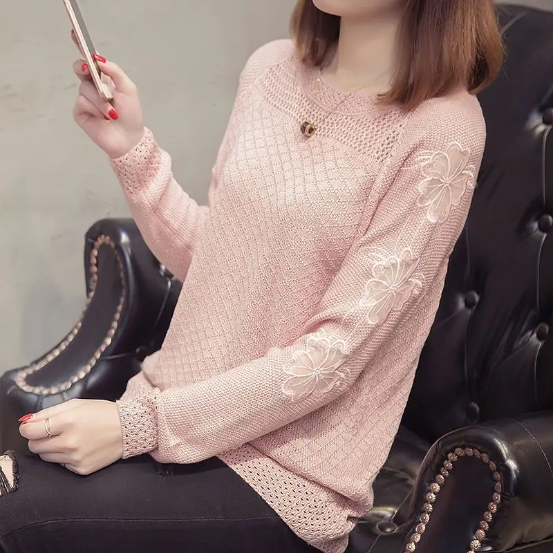 Women Korean Fashion Sexy Hollow Lace Solid Loose Basic Knitwear Spring Autumn Casual Long Sleeve Sweater Female Clothing Jumper