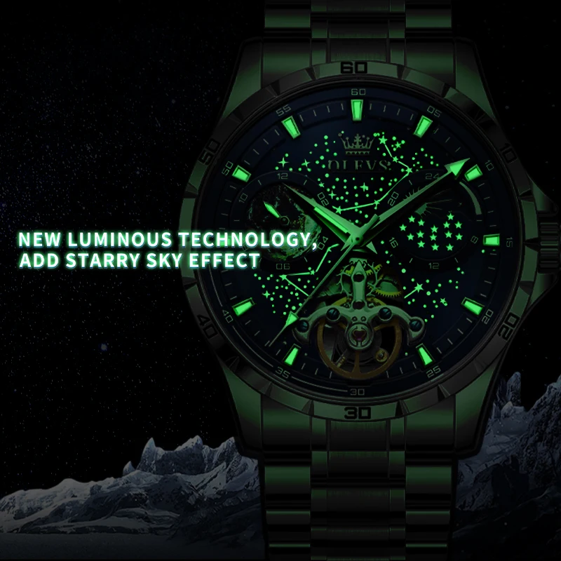 OLEVS Original Brand Men\'s Watches Waterproof Multifunctional Luminous Fully Automatic Mechanical Watch Moon Phase Starry Disk
