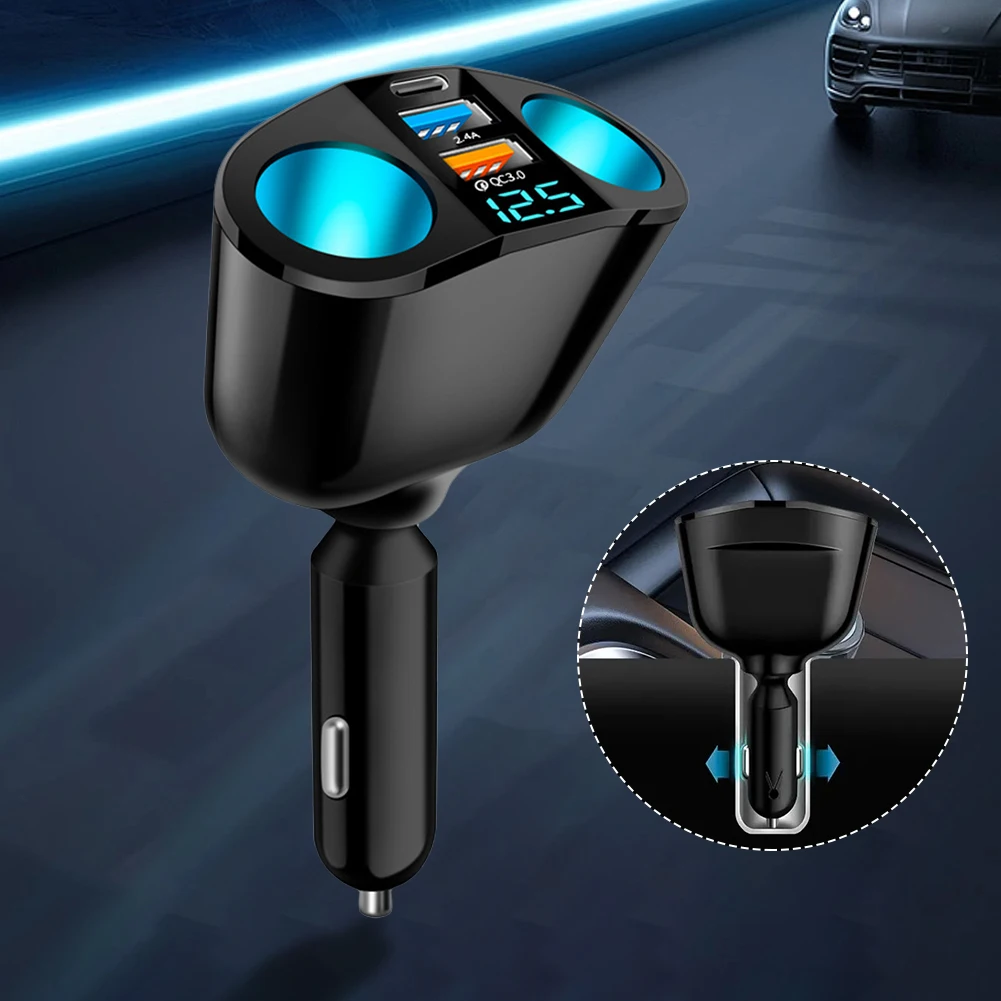 Car Cigarette Lighter Socket Splitter PD QC3.0 12V-24V Auto Cigarette Lighter Adapter Blue Atmosphere Light Phone Charger Socket