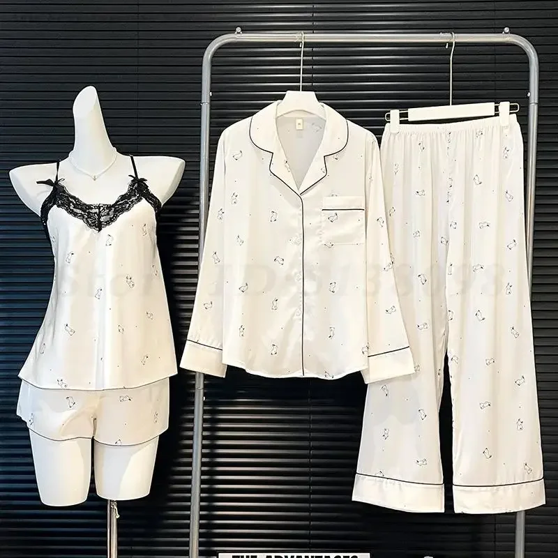 

Four Piece Pajamas Set Print Loose Casual Home Wear Satin Ice Silk Sleepwear Long Sleeved Top&Trouser Pyjamas Sexy Cami&Shorts