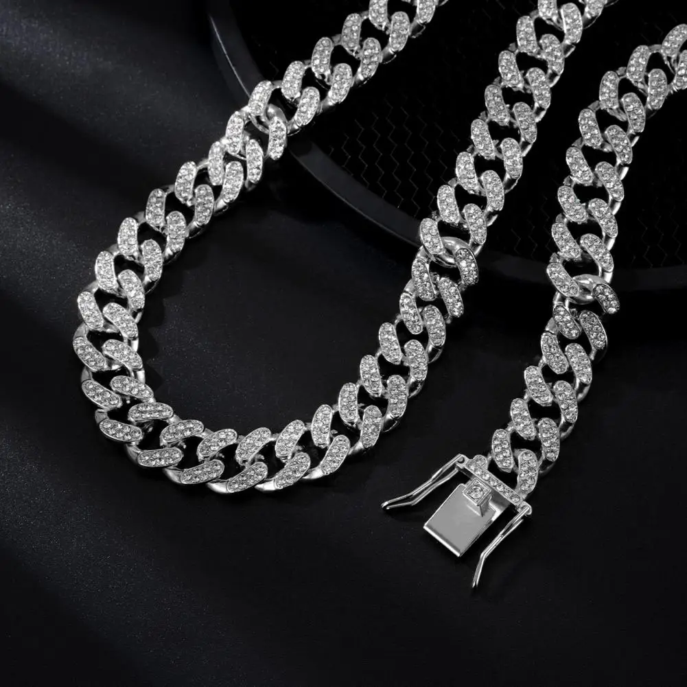 Hip Hop Necklace Men's Cuban Link Chain Necklace 13mm Iced-out Rhinestone Thick Hip Hop Punk Fashion Accessory Gift Statement
