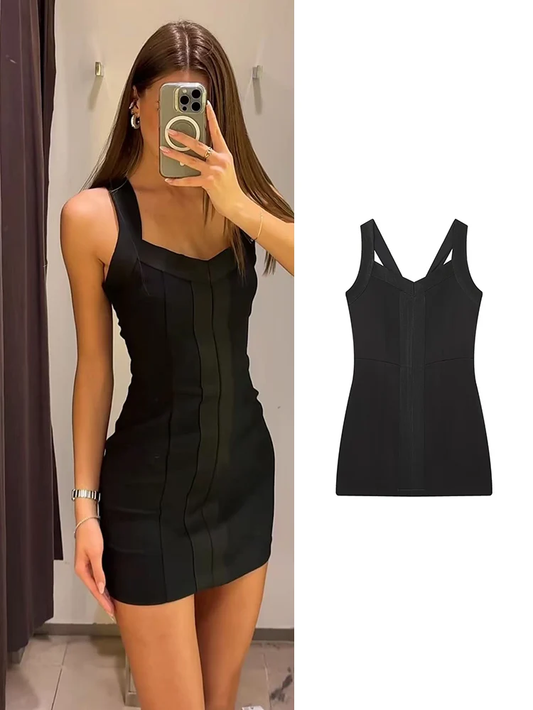 TFMLN 2026 Nieuwe Vrouwen Brede Sling Jurk Chic V-hals Hoge Taille Bodycon Mini Jurken Vrouwelijke Avondfeest Elegante Effen Jurk