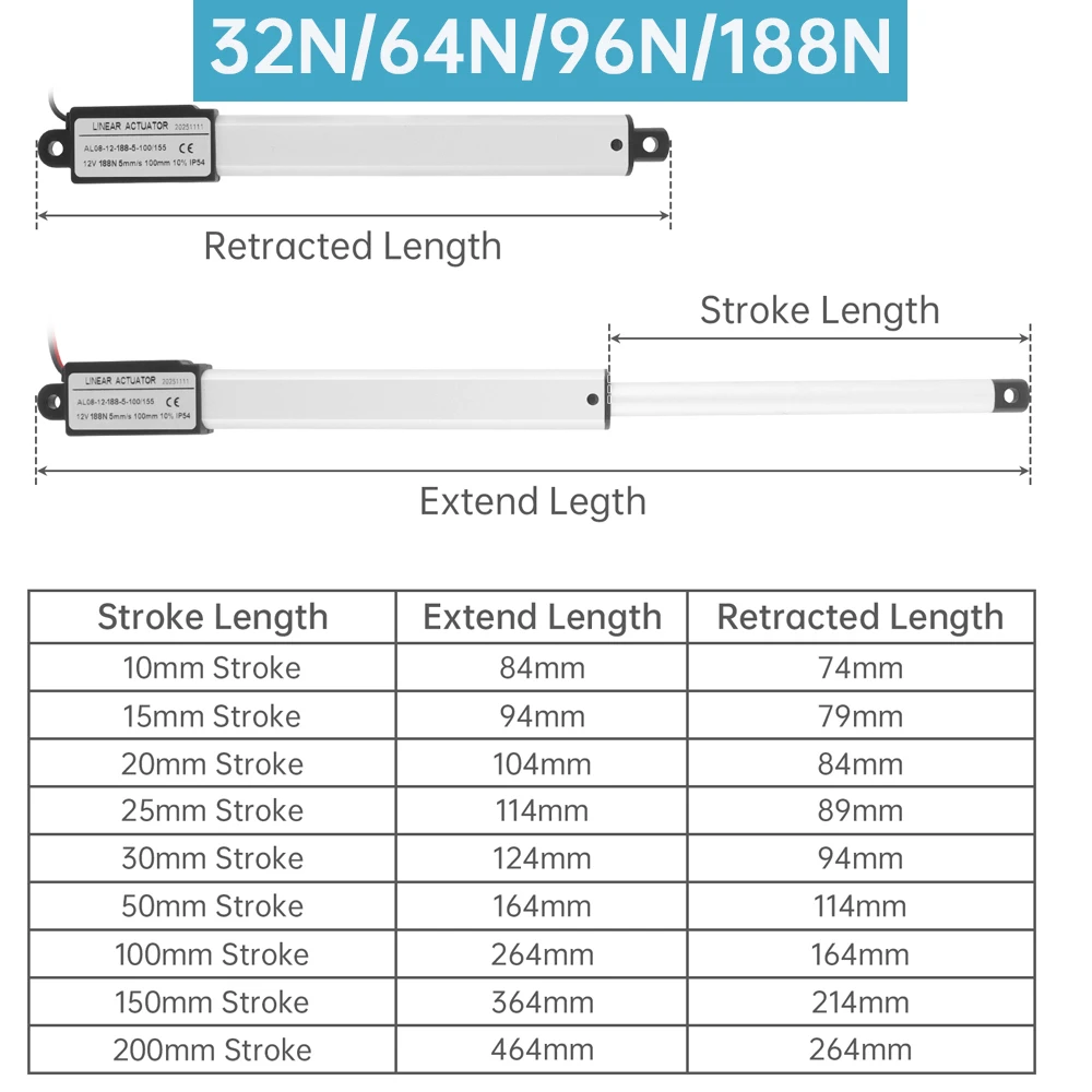 12V Linear Actuator 10-200mm Stroke 32N/64N/96N/188N/1000N/3000N Electric Reciprocating Lifting Linear Motion Actuator Motors