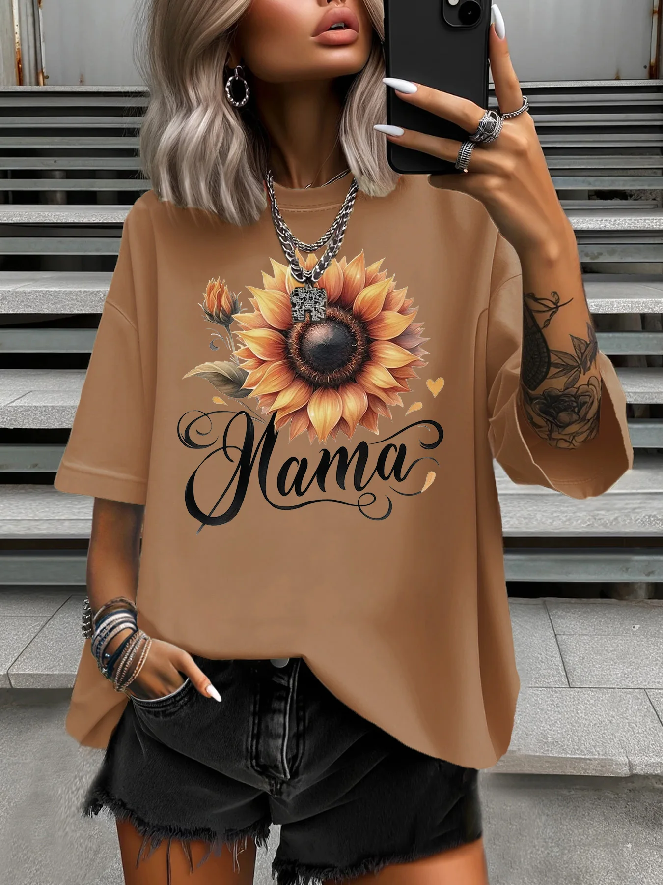 Camiseta de talla grande de verano para mujer, diseño Original, estampado de letras de girasol, Tops informales de manga corta con cuello redondo para mujer