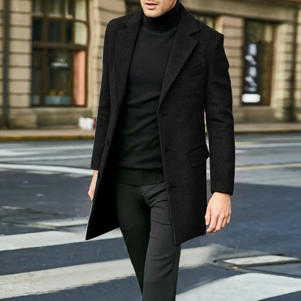 Button Closure Coat Solid Color Lapel Coat Stylish Men's Mid-length Winter Overcoat with Lapel Flap Pockets for Warmth