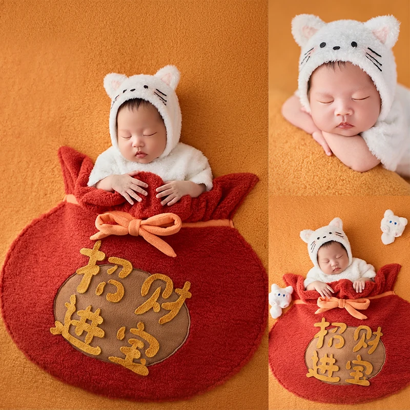 Lucky Cat Style Baby Romper with Hat Newborn Photography Prop Red Envelope Pocket Blanket New Year Theme Baby Photoshoot Outfit