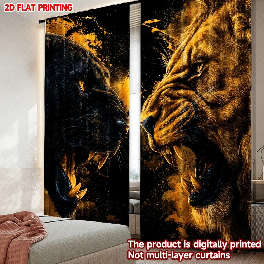 2D flat printing 2pcs Window Curtains Fiery Duel Lion vs Panther Digital Printed Polyester Drapes Festive Wall Decor Use for