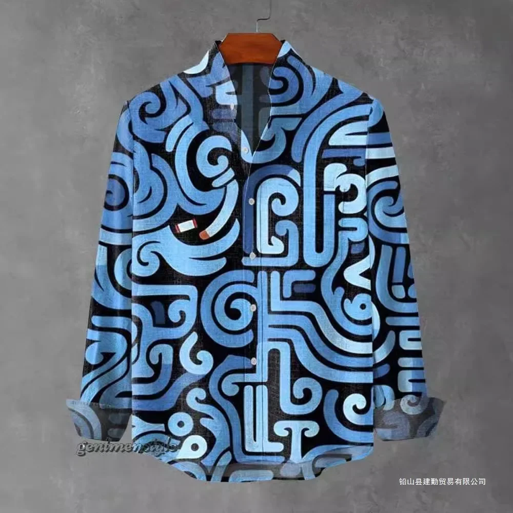 2025 Shirt Elegant Fragmented Pattern Printed Top Spring and Autumn Men's Fashion Stand collar Linen Long sleeved