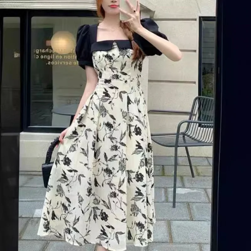 

Floral Dress2024Summer New High-End Square Neck Puff Sleeve Waist-Cinching Slimming Elegant Fashionable Midi Dress