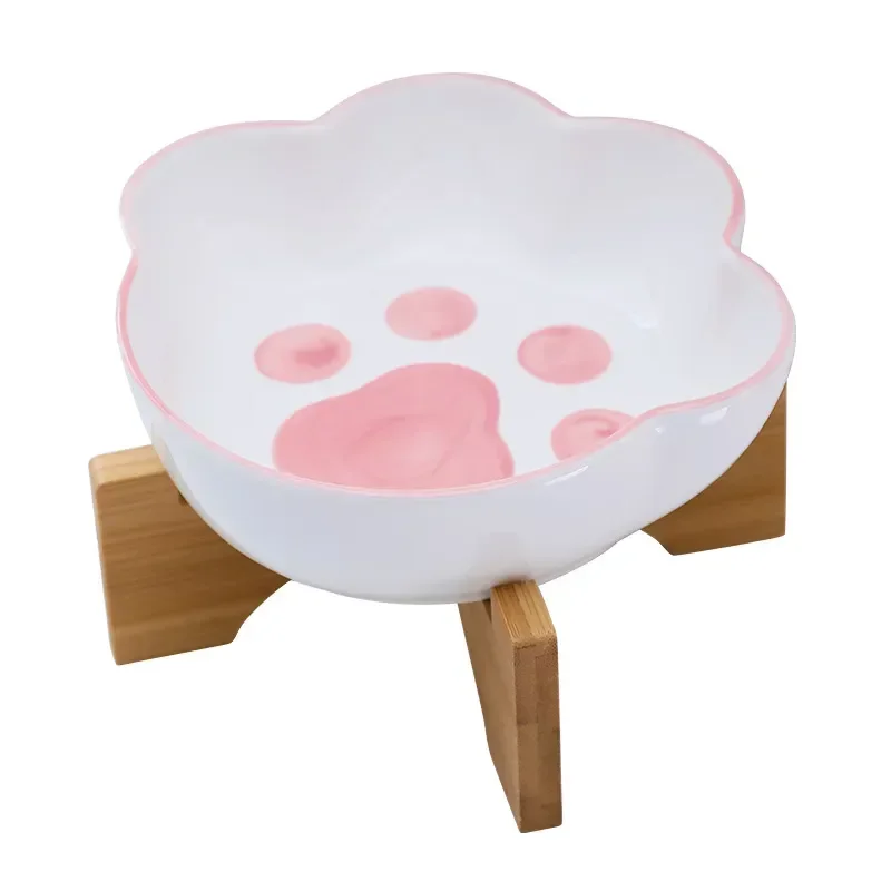 Cute Cat Dog Bowl Ceramic Pet Bowl with Bamboo Stand Cat Paw Shape Pet Drinking Bowl Food Container Cat and Dog Feeding Supplies