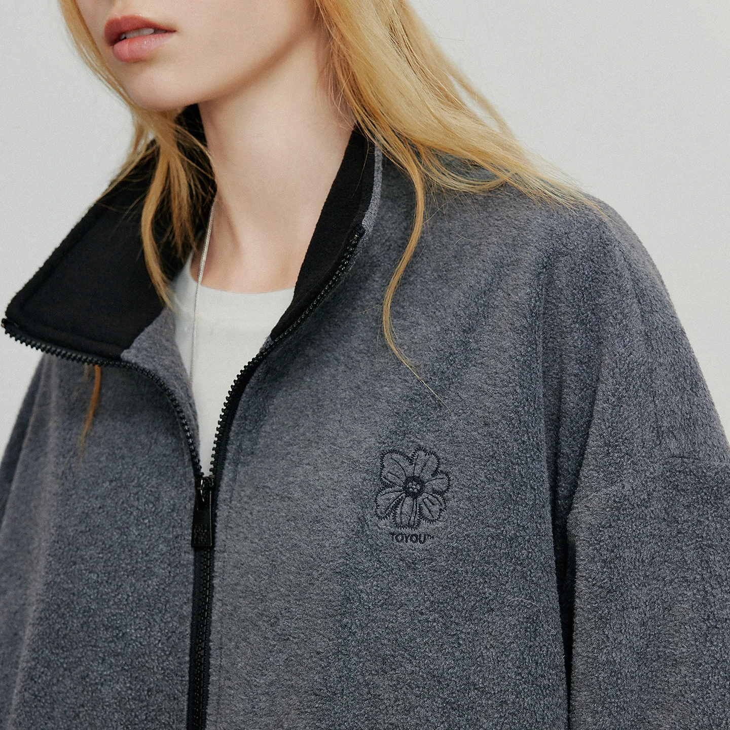 TOYOUTH المرأة سترة معطف 2025 الخريف جديد الصوف الوقوف طوق جاكيت زيبرا القمم رمادي داكن #3