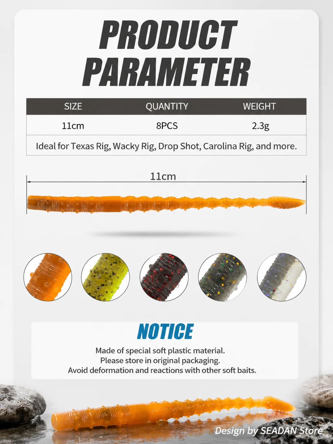Hopeblaze Floating Leaf Tail Senko Worm 11cm 8 Stück TPE Salzduft Weichköder für Wacky Neko Texas Rig Bass Zander Barsch Forelle – Detail 2