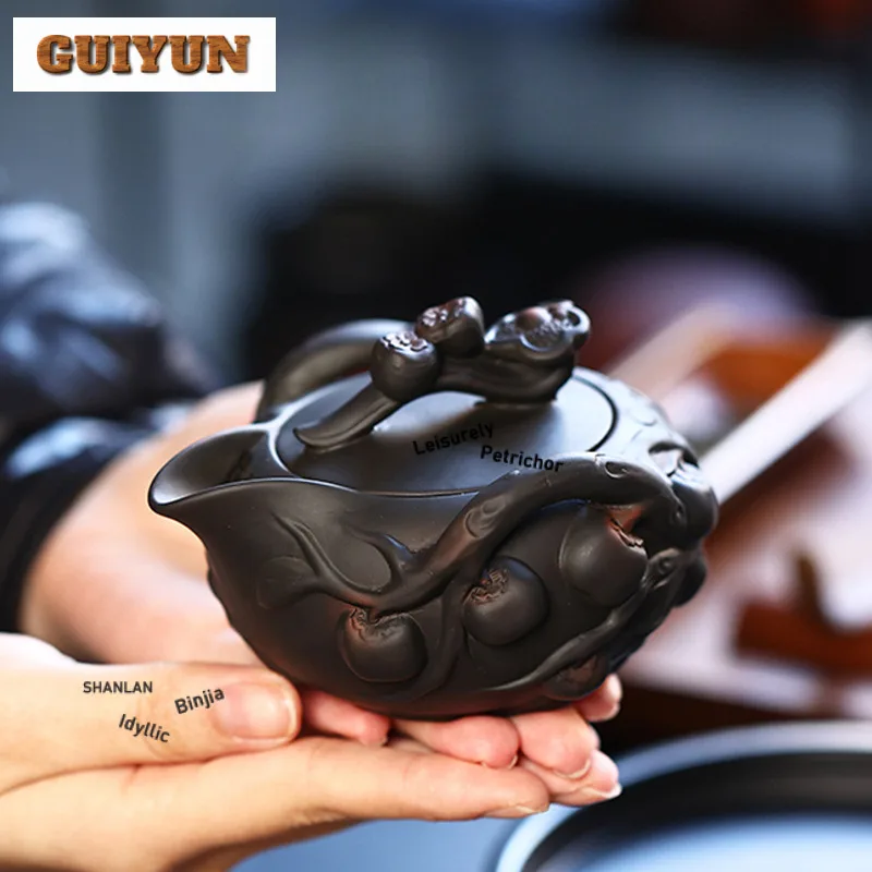 

210ml Purple Pottery Carved Persimmon Hand Grab Teapot Antique Tea Infuser Pot Tea Making Kettle With Filter Teaware Ornaments