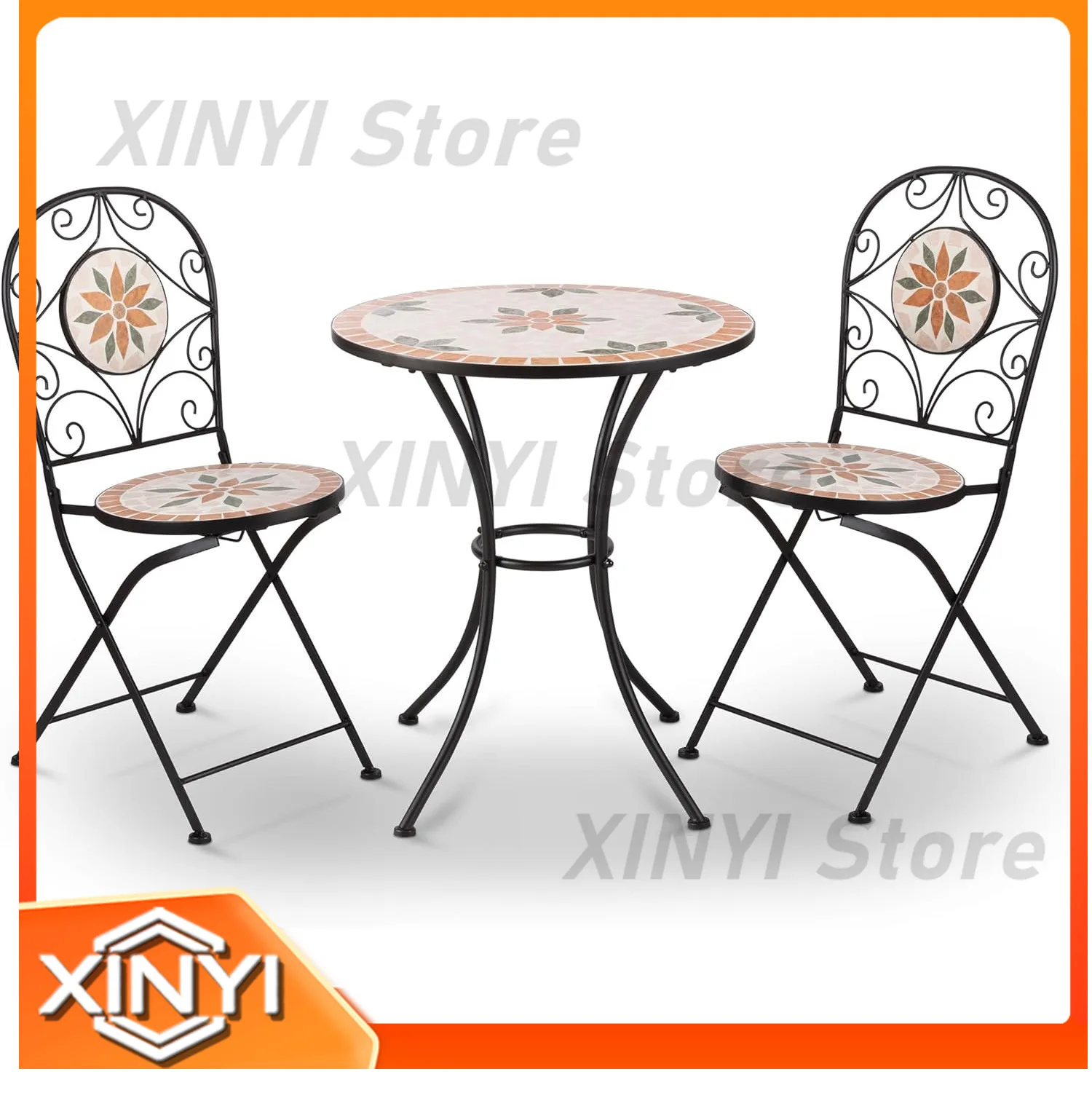 Mosaic Iron Garden Table and Chair Set with Chinese Orange Floral Pattern for Outdoor Use