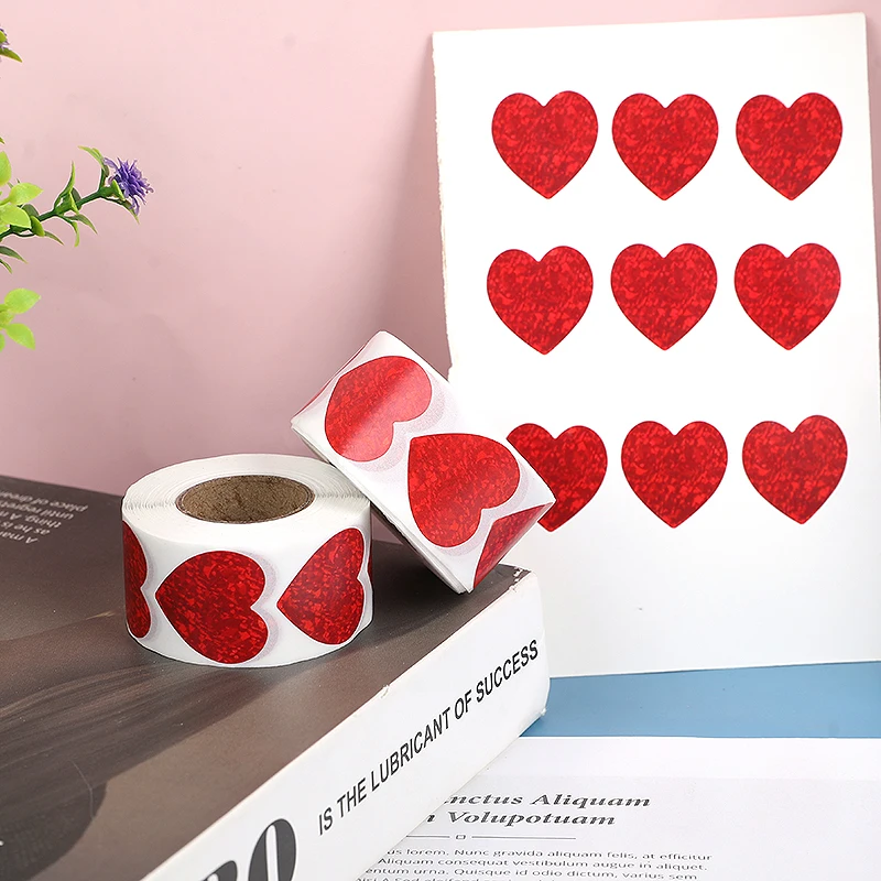 500pcs/roll Red Heart Shaped Glitter Stickers Solid Color Sparkling Stickers Valentine'day Wedding Present Package Decor Supply