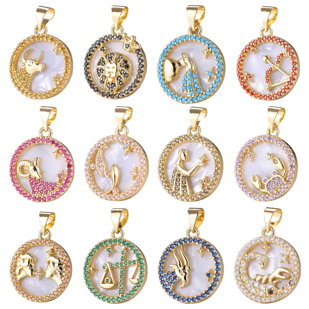 Juya Handmade 18K Real Gold Plated Pearl Shell Medals 12 Zodiac Charms For DIY Luxury Birthstone Pendant Gift Jewelry Making