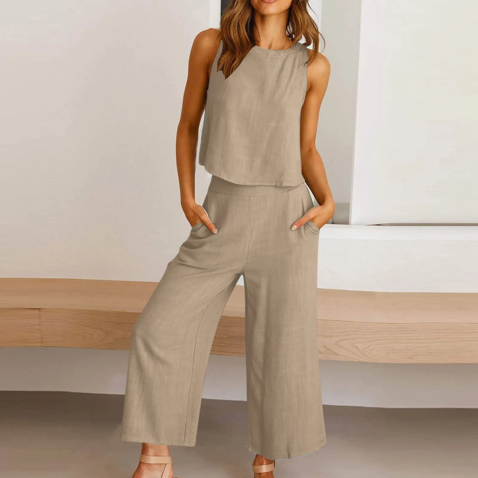 

Women'S Solid Color Cotton And Linen Suit Casual Sleeved Vest Cropped Pants Bag Wide Leg Pants Jacket Pants Jacket Suit