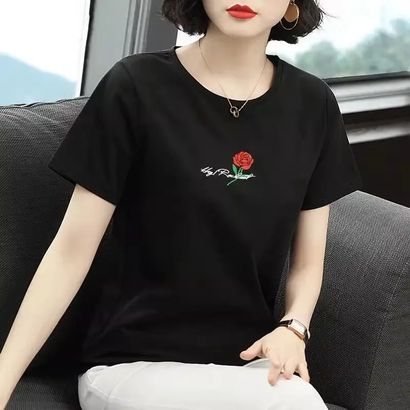 

2024 Summer New Thin Cotton Women's Tees Korean Commuter Solid Color Round Neck Printed Short Sleeve Loose Casual T-shirts Tops