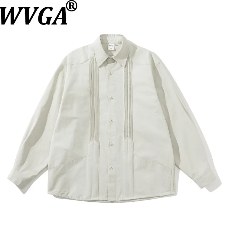 

WVGA 2026 Spring Autumn New Men's Pleated Design Trendy Long Sleeve Shirts Niche Casual Brushed Turn-Down Collar Tops Ins W20520