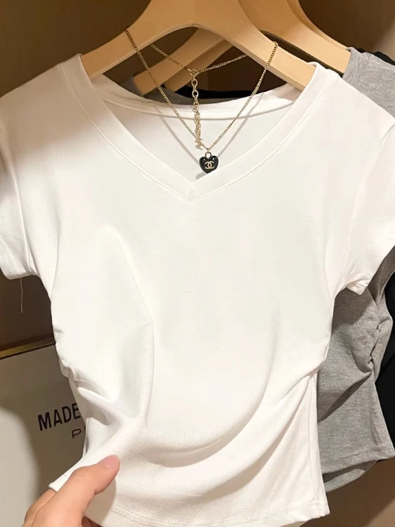 

Sexy White V-Neck Short Sleeve T-Shirt Pleated Waist Slim Fit Korean Style Women's Casual Top Commute Fashion Slimming Effect