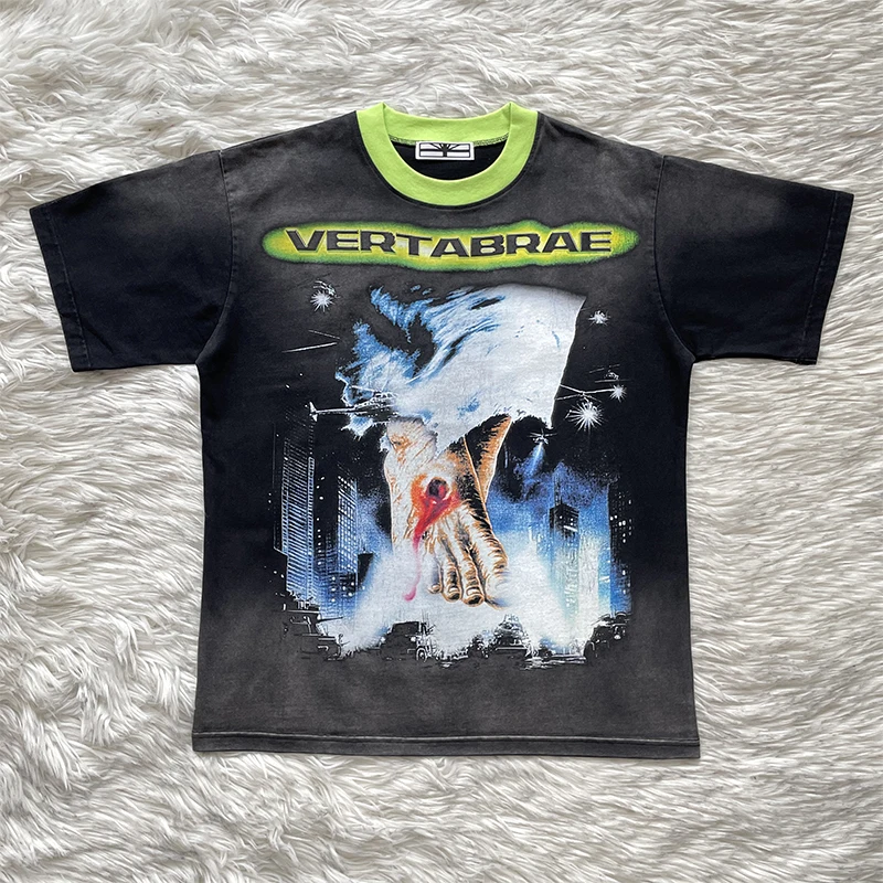 Vertabrae American Street Dark Rap Men's Women's Casual Short Sleeve T-shirt Breathable Cotton Printed round Neck Top