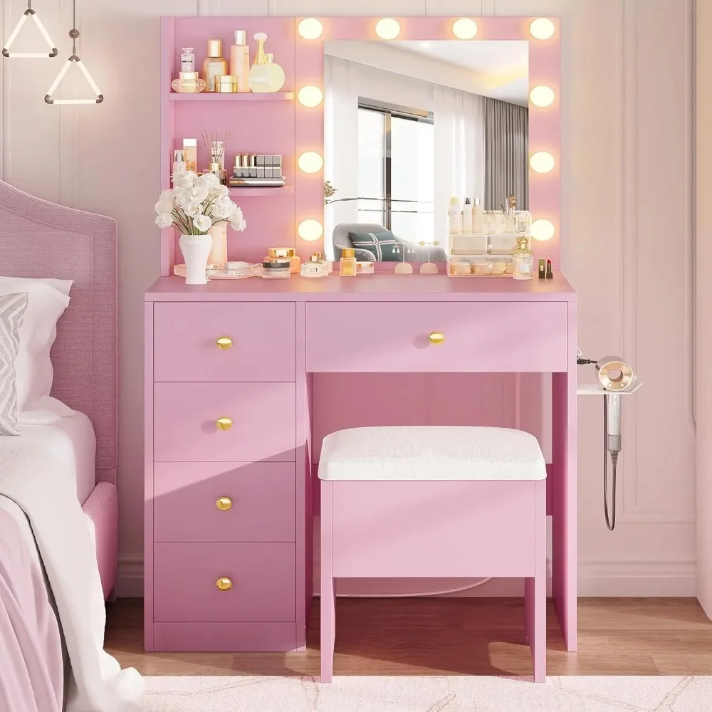 مكتب فانيتي مع مرآة وأضواء، طاولة مكياج صغيرة مع 5 أدراج، طاولة تزيين لغرفة نوم الفتيات والنساء #2