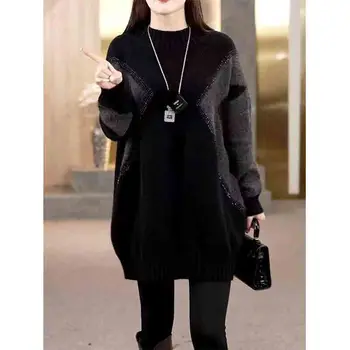 Mode Frauen Kleidung Diamanten Midi-Pullover Herbst Winter Koreanisch vielseitig locker lässig Langarm warm gestrickt Pullover Tops