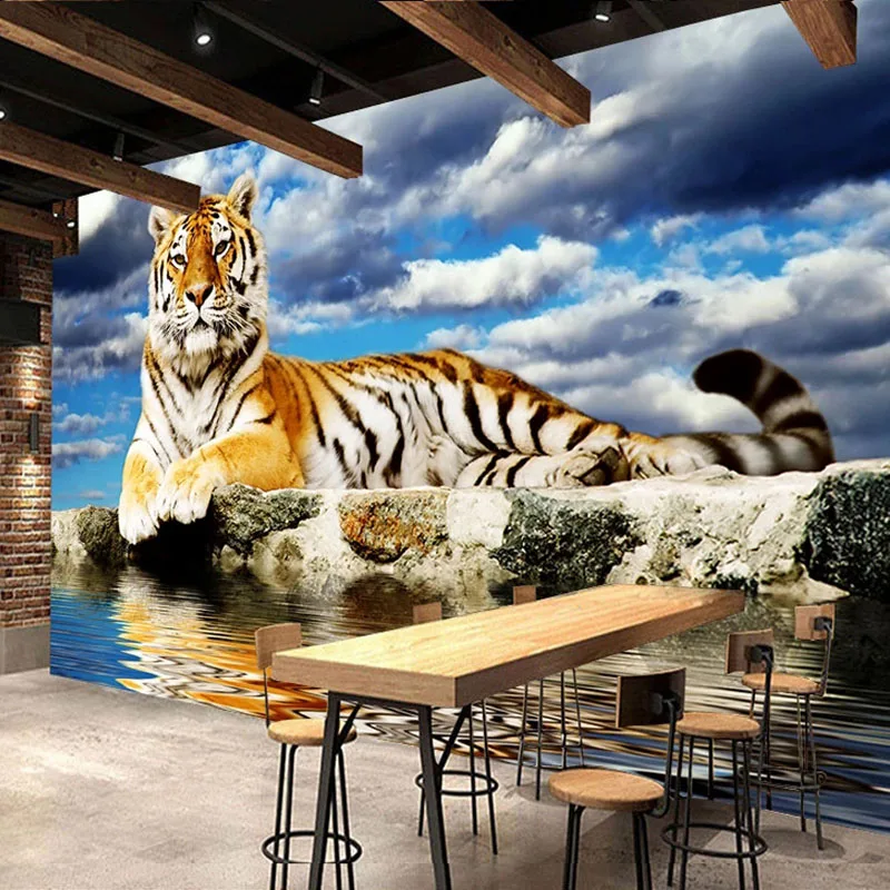 Custom Mural Wallpaper 3D Stereo Tiger Blue Sky Clouds Home Decor Wall Painting Living Room Bedroom Cartoon Wall Papers