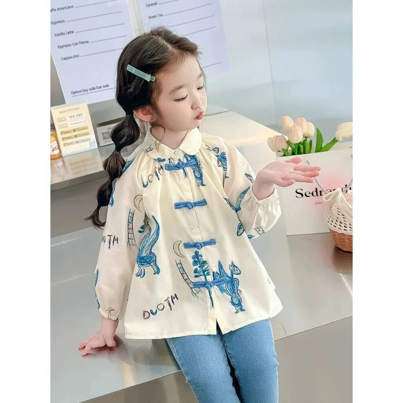 SpringSummer New Fashion Round Neck Long Sleeved Kids Casual Versatile Loose Kawaii Print Children\'s Clothing Baby Girl T-Shirts