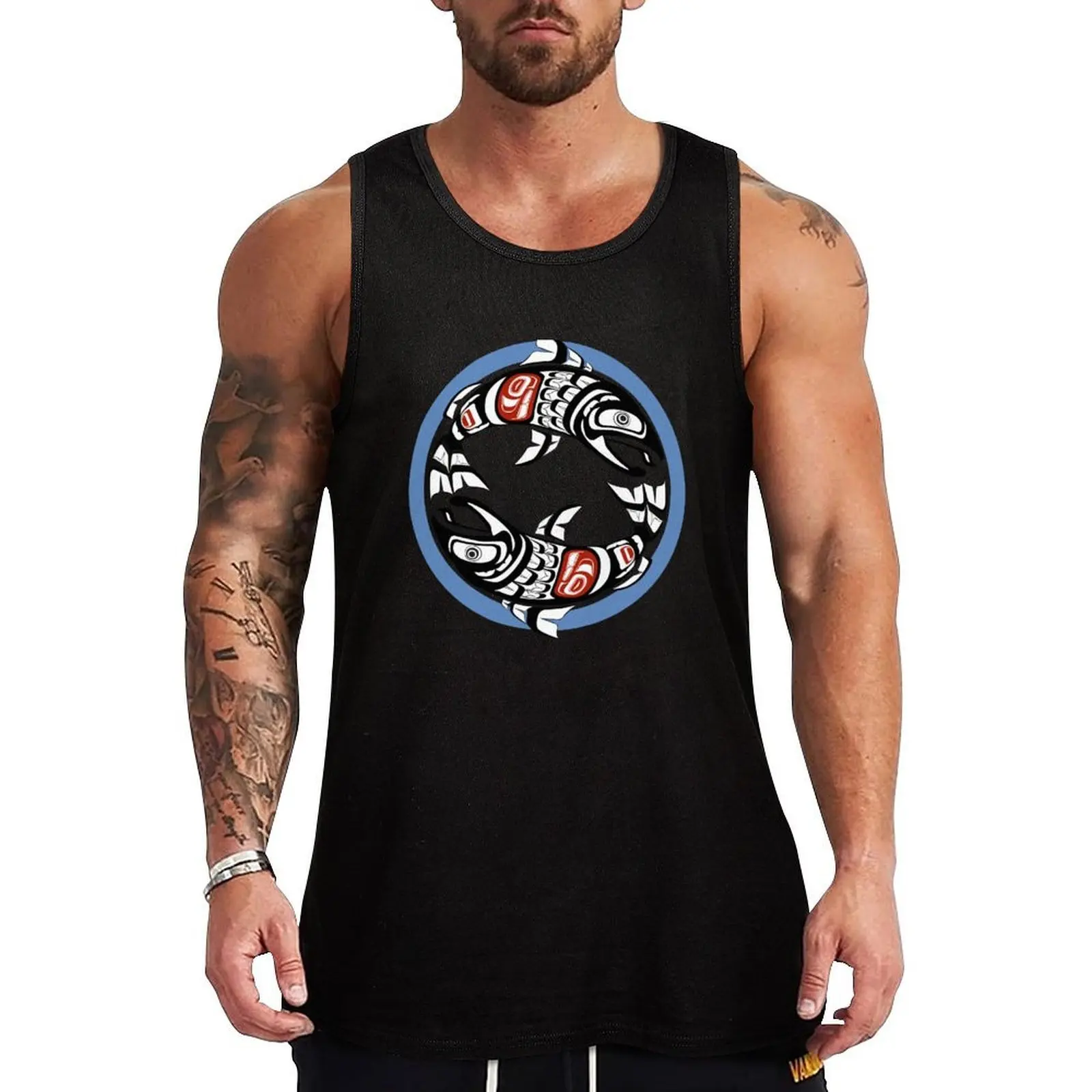 Тихоокеанский Северо-Западный двойной лосось Coho Yin-Yang Coastal Salish, родная американская рыба, формальная линия, круглый дизайн, майка, жилет для мужчин