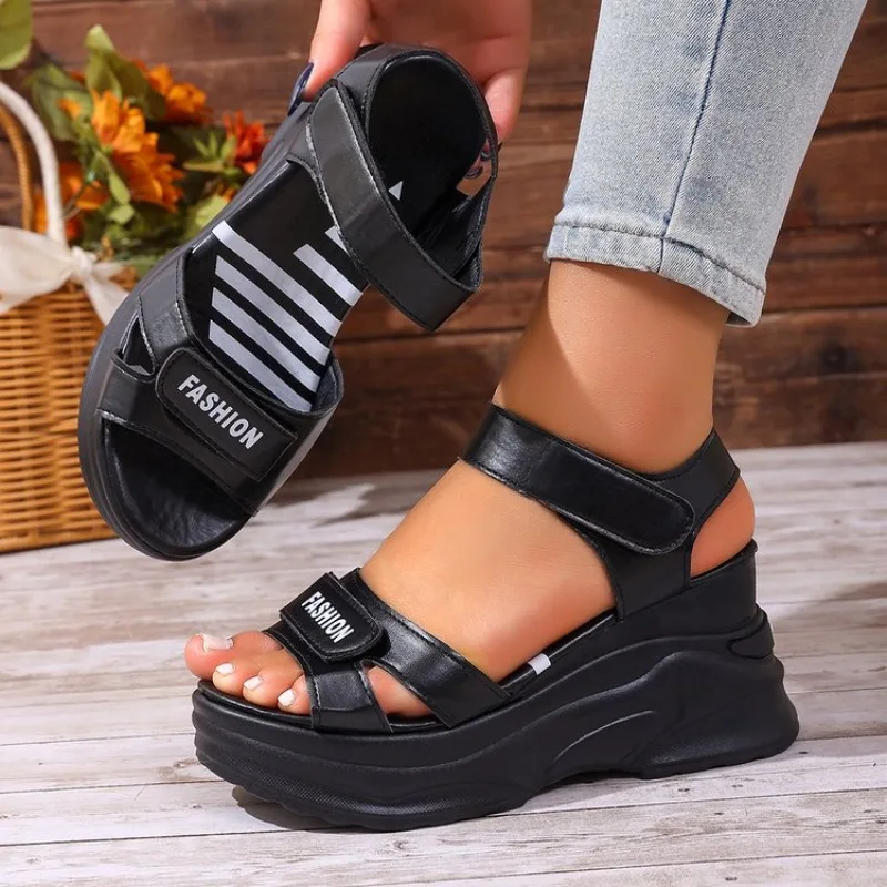 Women's Chunky Wedge Sandals Open Toe Platform Hook and Loop Strap Sporty Footwear with Leather Look Upper and Striped Footbed