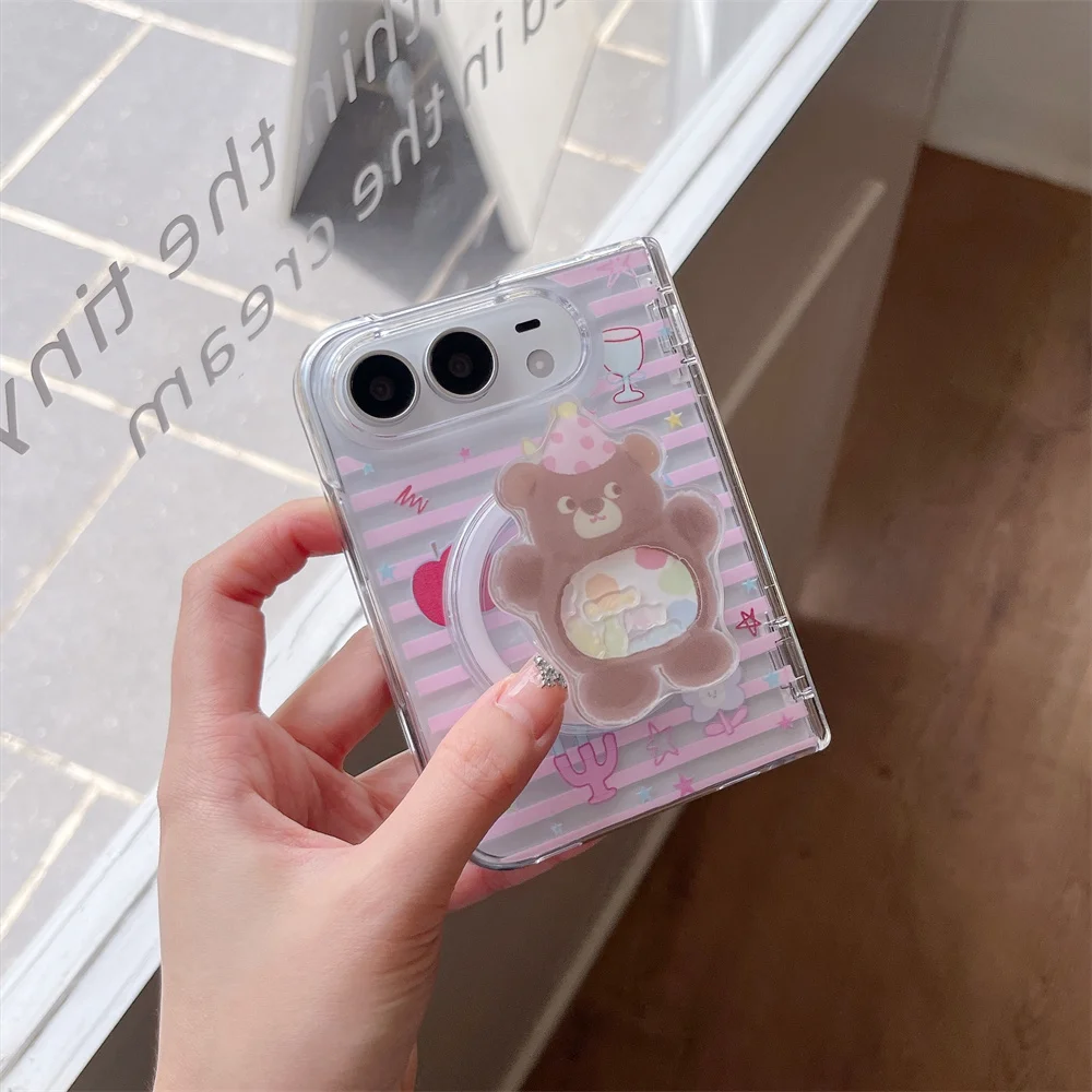 Cute Party Bear Magnetic Phone Case For iPhone Ultra Stripe Print Shell Grip Holder Colorful Flower Shockproof Protective Cover