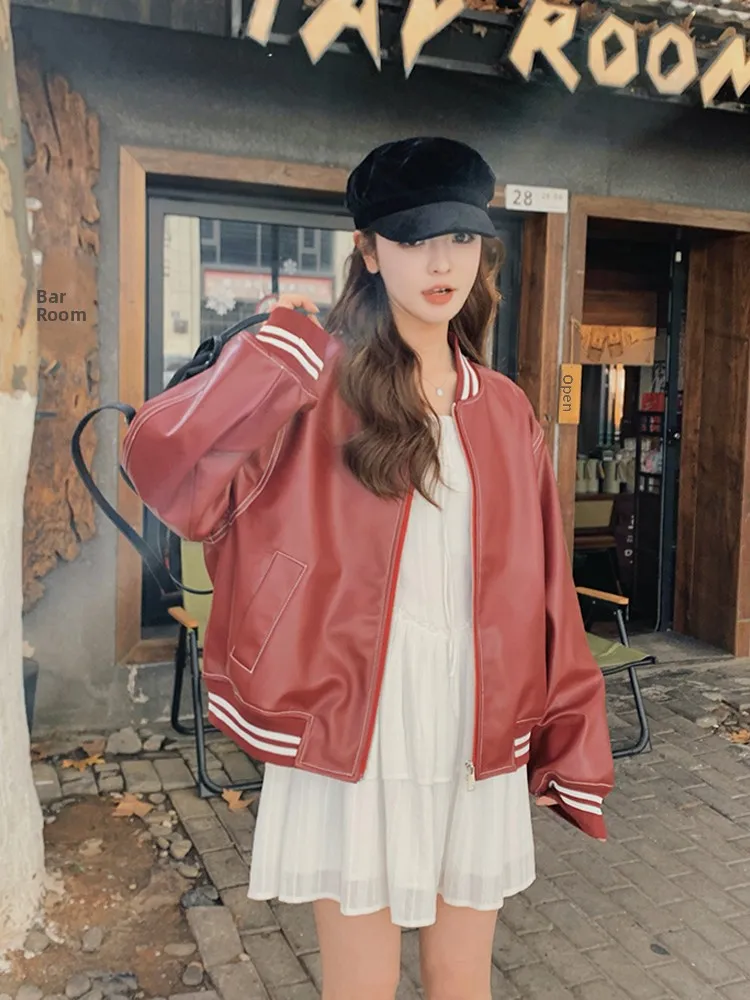American Sle Streetwear Red Leather Jaet Damen Casual Ort Länge Cool Sle Frühling Herbst Baseball orm Ledermantel