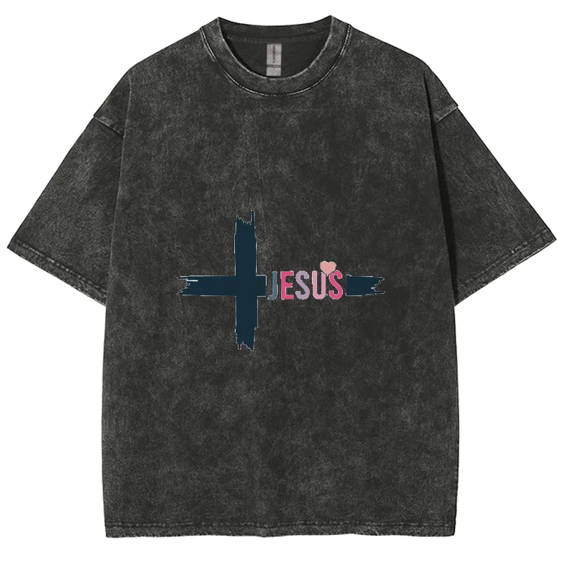 Love Jesus Y2k Short Sleeves Washed T-Shirt, Creative Printed Unisex Vintage Streetwear New Fashion Casual Tops Plus Size