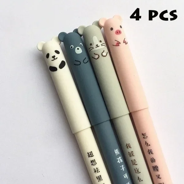 4Pcs Random Animal Erasable Rollerball Pen 0.38mm Cat Bear Panda Pattern Student Writing Pen Japanese Style School Stationery