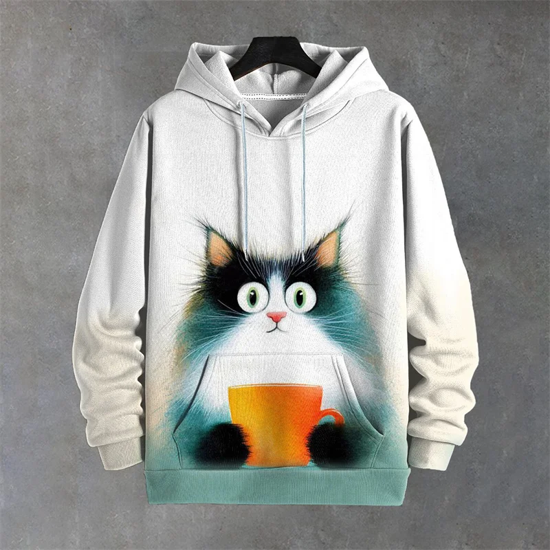 Cute Cool Cat Pattern Hoodie For Men Funny Animal 3D Printed Long Sleeves Casual Pullover Street Tops Hoodies Loose Sweatshirt