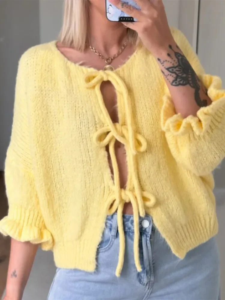 Cadarço amarelo chique feminino escava cardigans de malha, gola redonda elegante, suéter de mangas babados, malhas soltas para senhora, novo, 2024