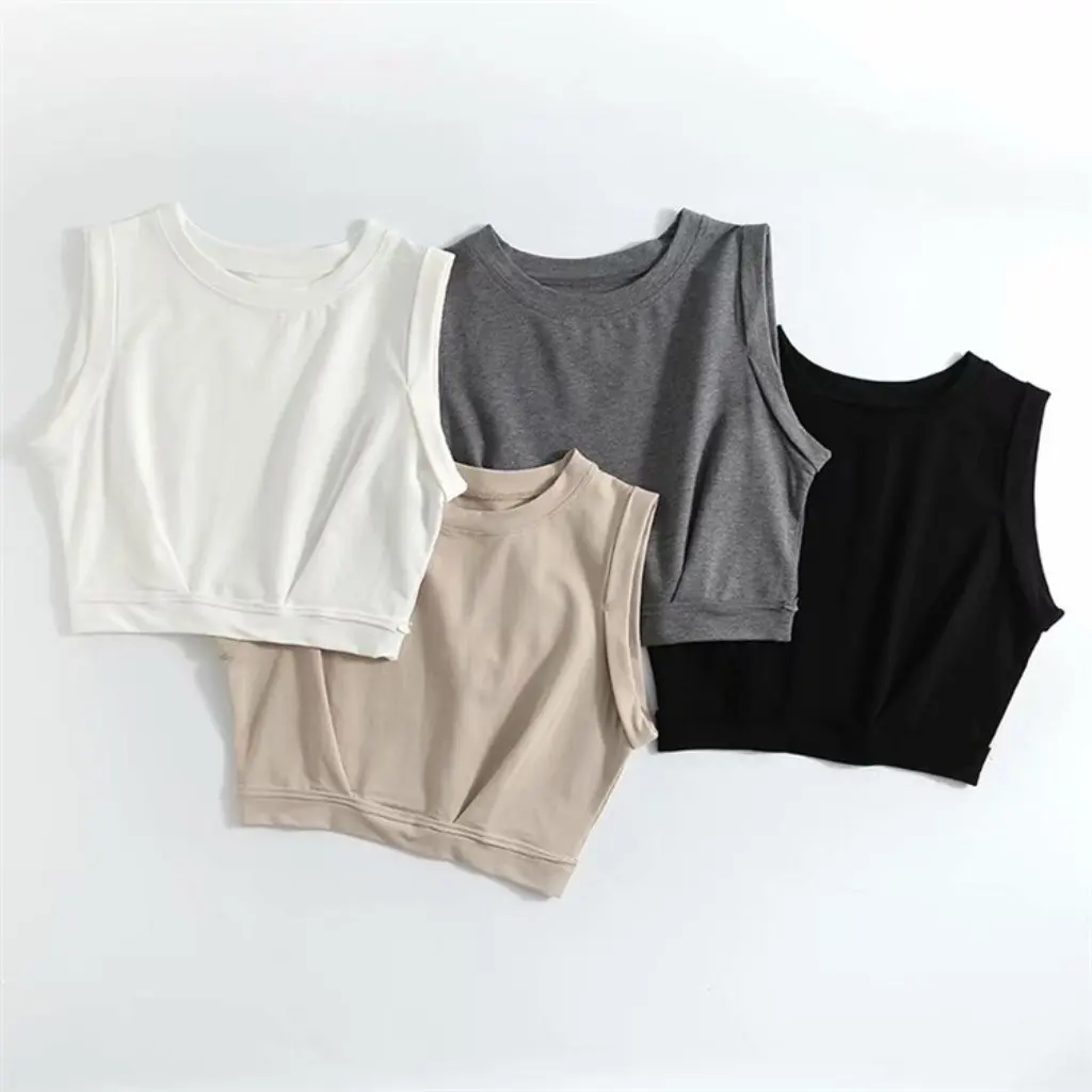 

YPFF Women's Sleeveless round Neck T-shirt Summer European American Style Loose Fit Solid Color Vest Top for Navel Riding