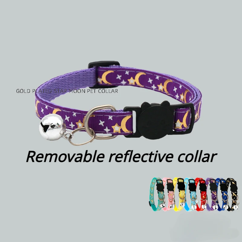 Pet Collar Cat Dog Gold Color Stars and Moon Pet Collar with Bell and PP Material Separate Reflective Safety Buckle Solid Safe