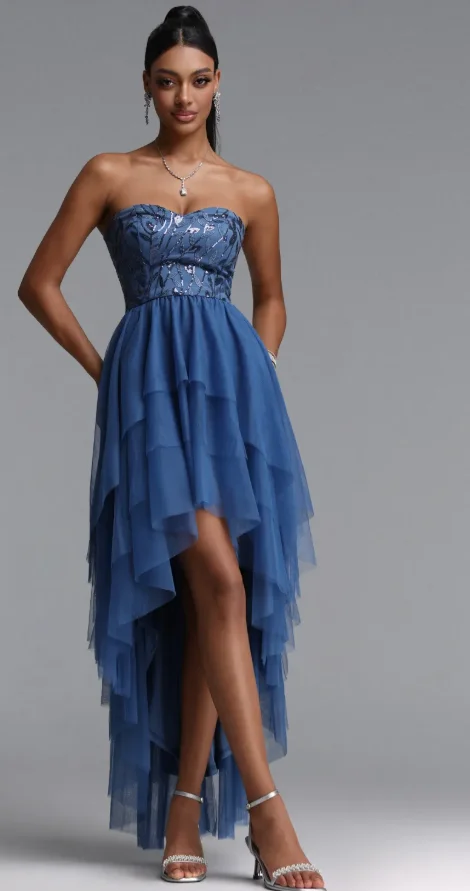 Strapless Sweetheart Sequin High‑Low Tulle Evening Dress Layered Ruffle Asymmetrical Hem Prom Gown