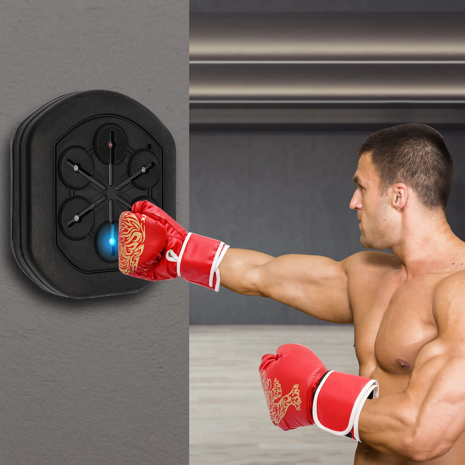 Music Punching Machine Bluetooth Wall Mounted Boxing Trainer Punching Bag, LED Wall Boxing Punching Pad with Boxing Gloves &Phone Bracket 
