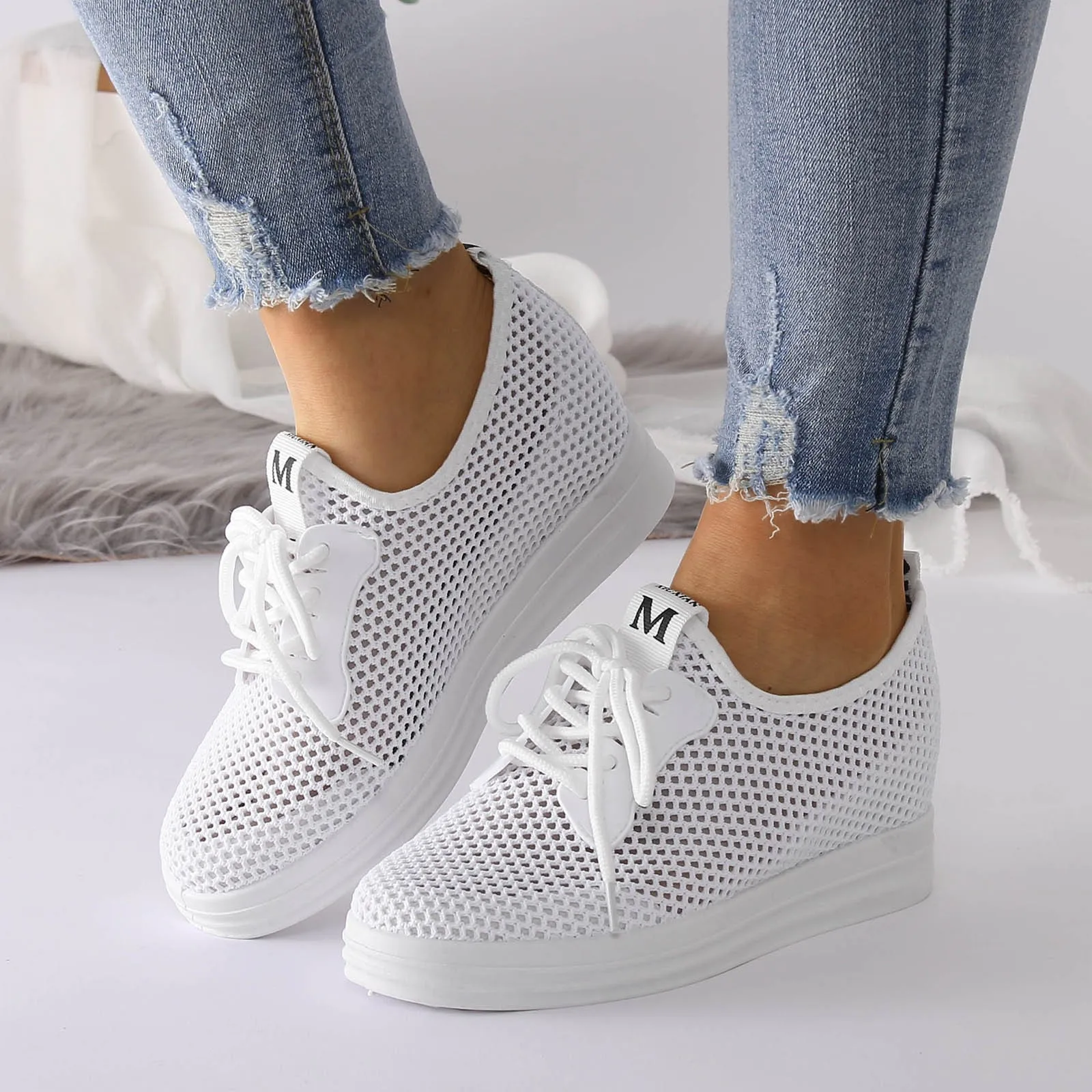 Women Flat Slip On White Shoes Ladies Shoes Wedge Thick Shoes Soft Breathable Hollow Shoes White Sneakers Summer Non Slip Shoes