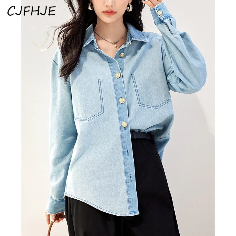 CJFHJE Korean Version Fashion Women's Lapel Denim Shirt Spring Retro Versatile Loose Fitting Women Casual Solid Color Shirt Top