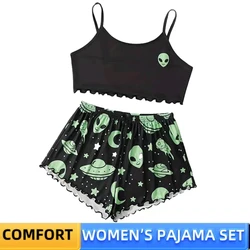 Women's Pajamas Set Sleepwear 2 PCS Camisole And Shorts S M L Black Ventilate Soft Casual Extra-Terrestrial Print