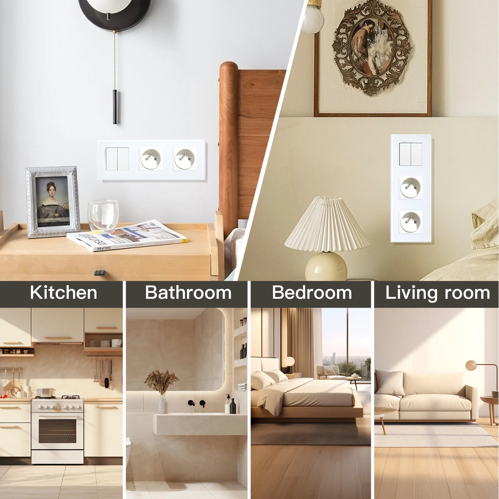 BSEED 1/2/3Gang Mechanical Wall Light Switches 1Way Plus French Socket USB Type-c Ports USB Power Sockets Glass Frame 16A