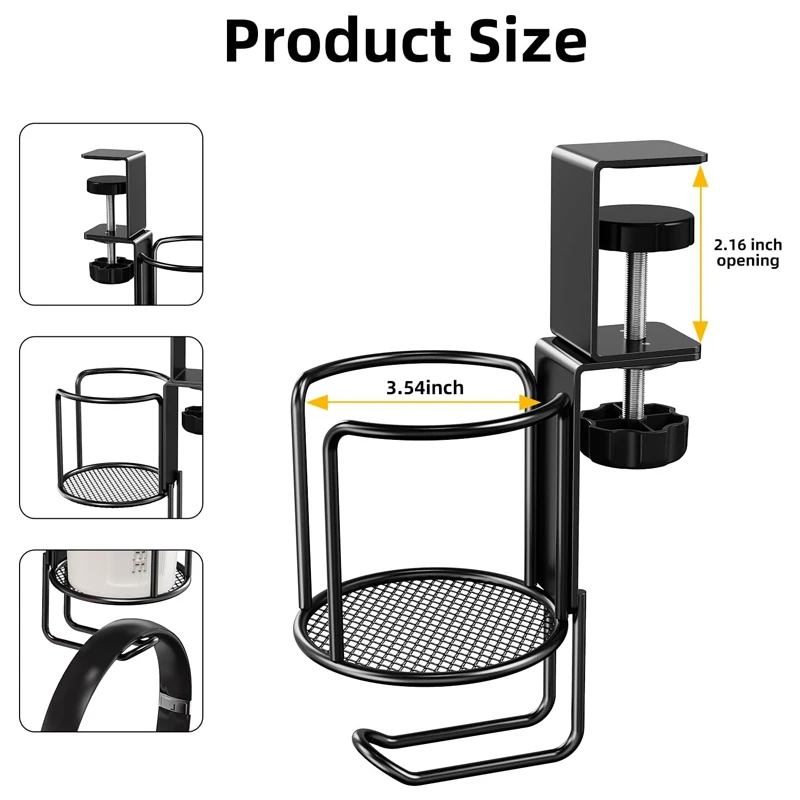 2 in 1 No Drill Desk Cup Holder Adjustable Upgraded Arm Clamp Stand 360 Degree Rotating Table Edge Clamp Anti-Fall Cup Holder